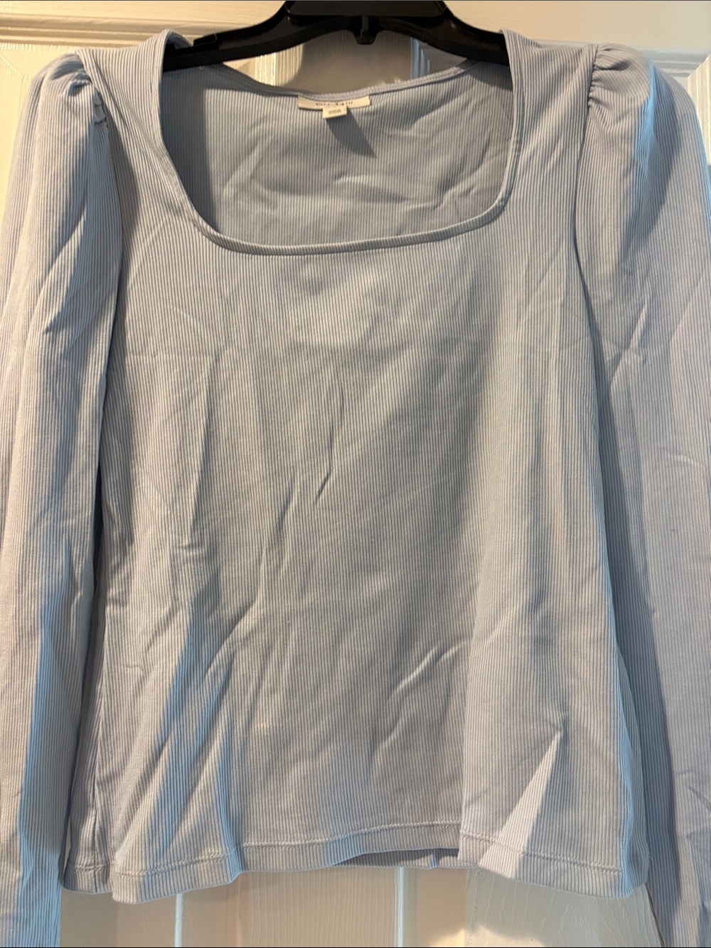Square Neck Light Blue Ribbed Long Sleeve Top